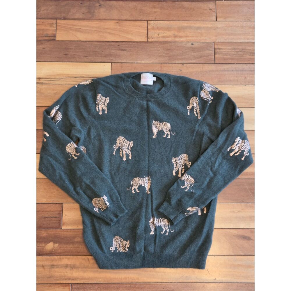 BRODIE Cashmere Sweater, Rose Gold Tiger Design, Army Green Sz. Medium
